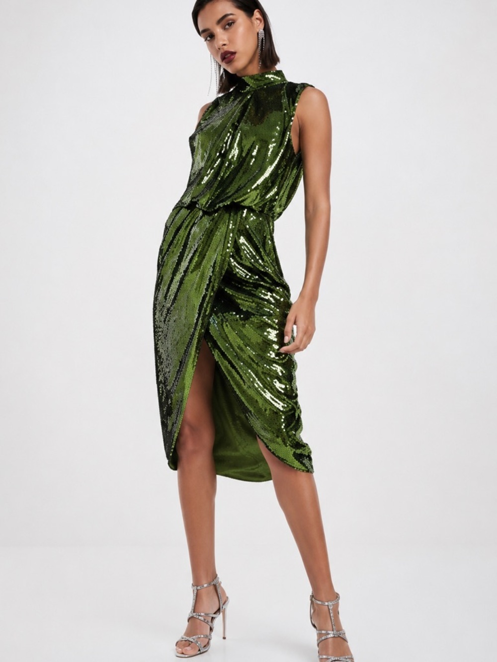 ASOS Green Sequin Sleeveless Mock Neck Midi
Drape Front Dress